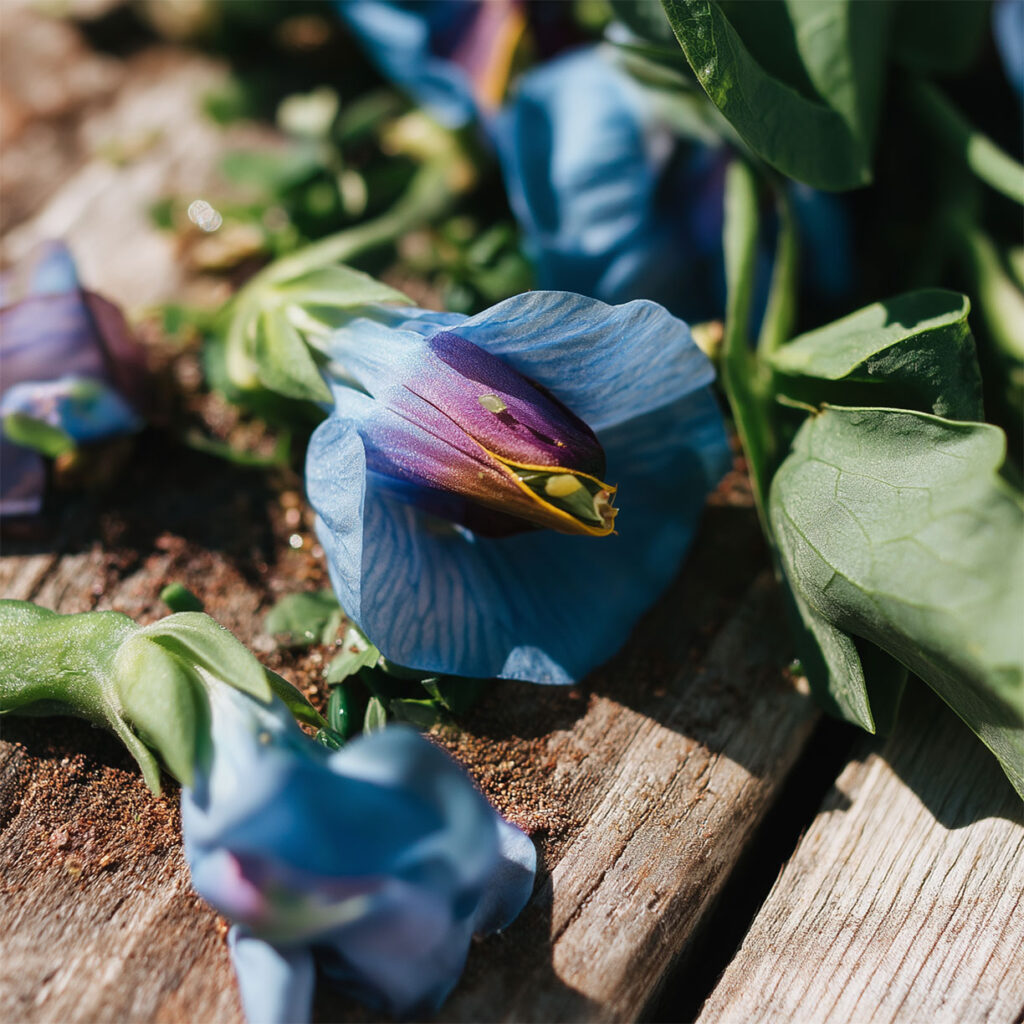 u4442237961_blue_butterfly_pea_flowers_scattered_on_a_wooden_ta_20bb840f-18ce-4baf-ab49-ce86764d6436-SQUARE